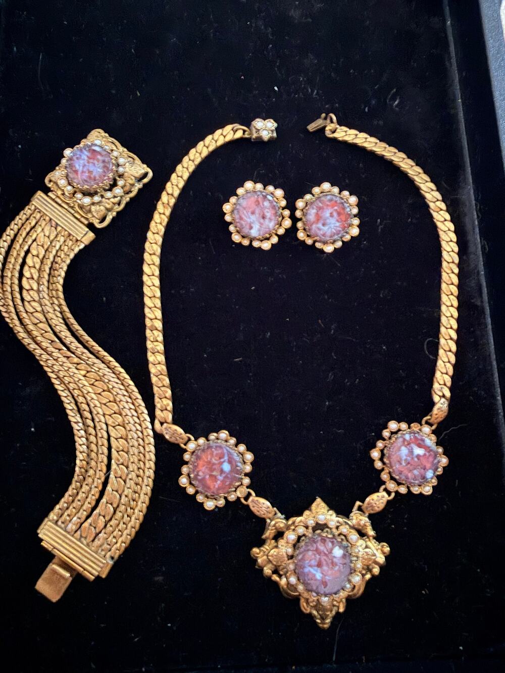 Victorian Parure, Czech Glass Jewelry Set, Intaglio Flower, Uranium Vaseline